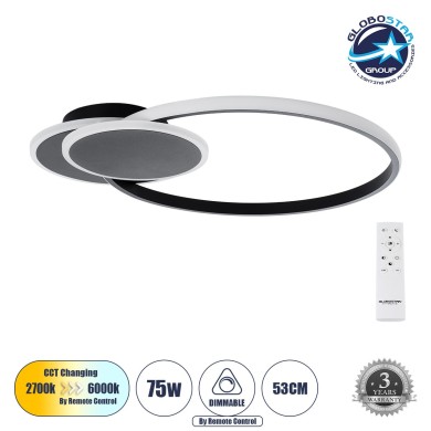 GLOBOSTAR® CIRCUO 61229 Μοντέρνο Φωτιστικό Οροφής LED 75W 8400lm 360° AC 220-240V IP20 Ρυθμιζόμενο Λευκό CCT με Χειριστήριο από 2700K έως 6000K Dimmable - Lumileds SMD Chip - Μαύρο Ματ - Μ53 x Π42.5 x Υ9cm - 3 Χρόνια Εγγύηση